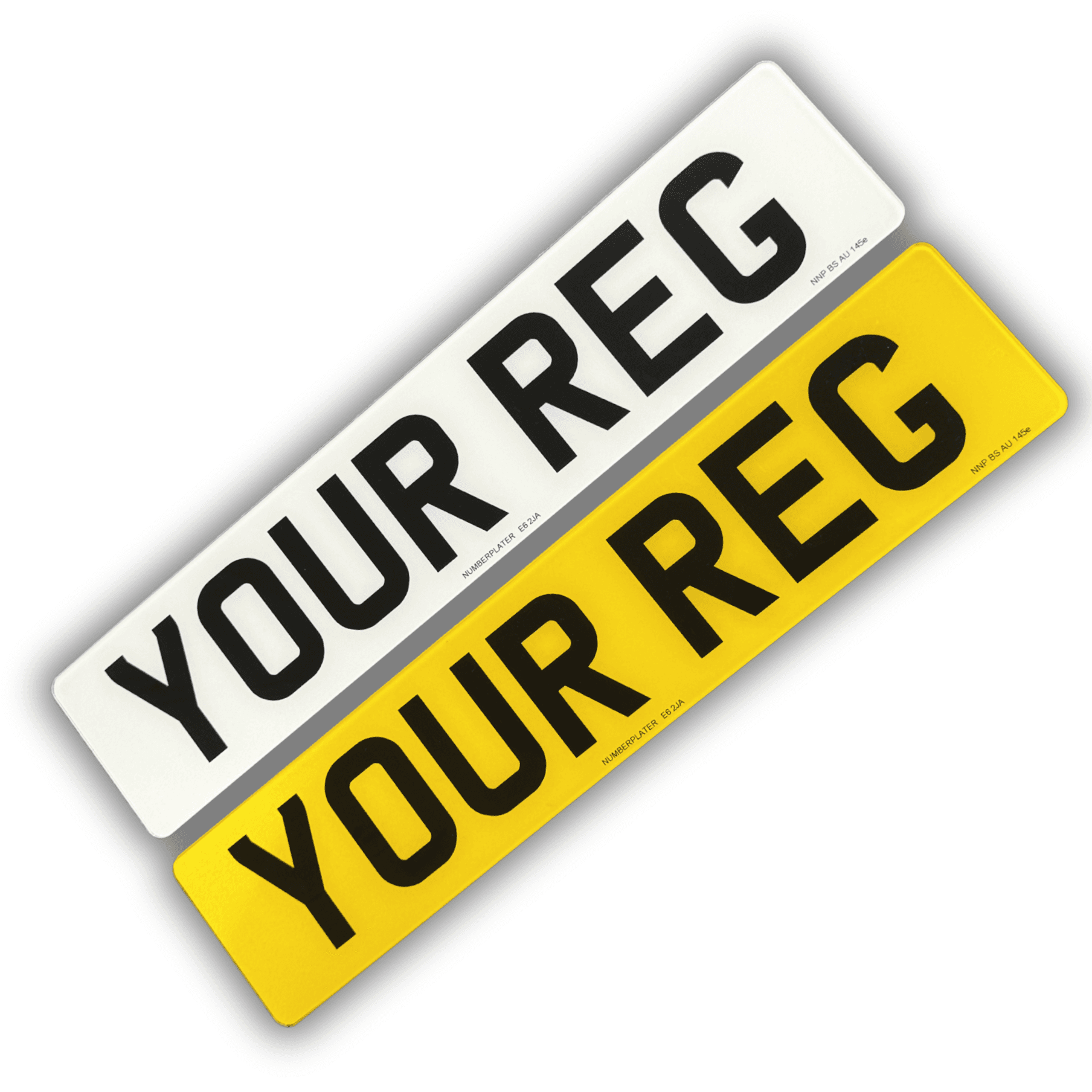 Standard 2D number plates — flat, clean printed characters — angled pair