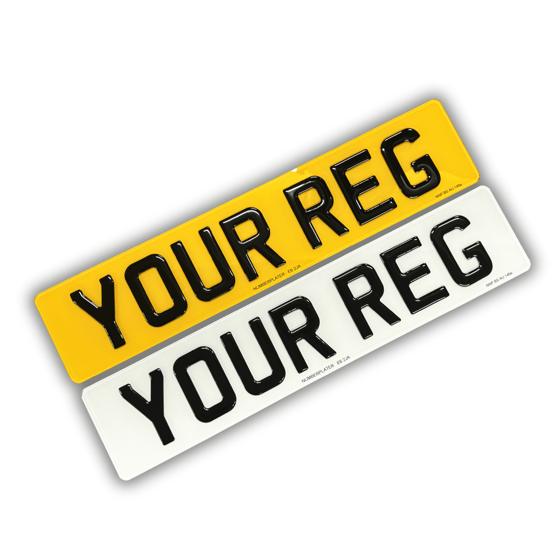 3D Gel number plates — raised, glossy domed gel characters — angled pair