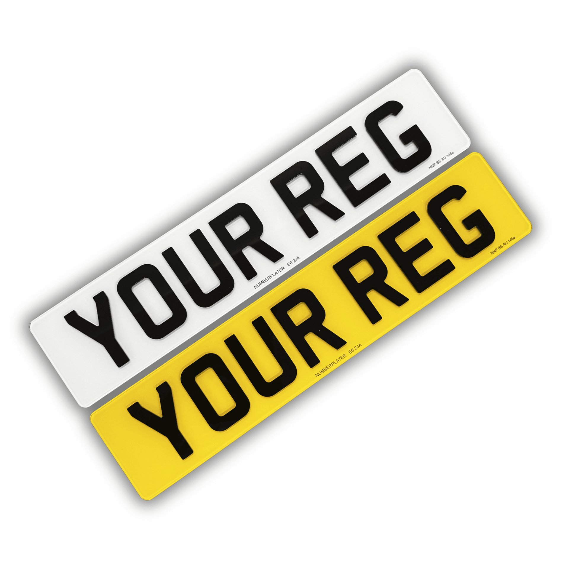 4D Acrylic number plates — thick raised flat-top acrylic characters — angled pair